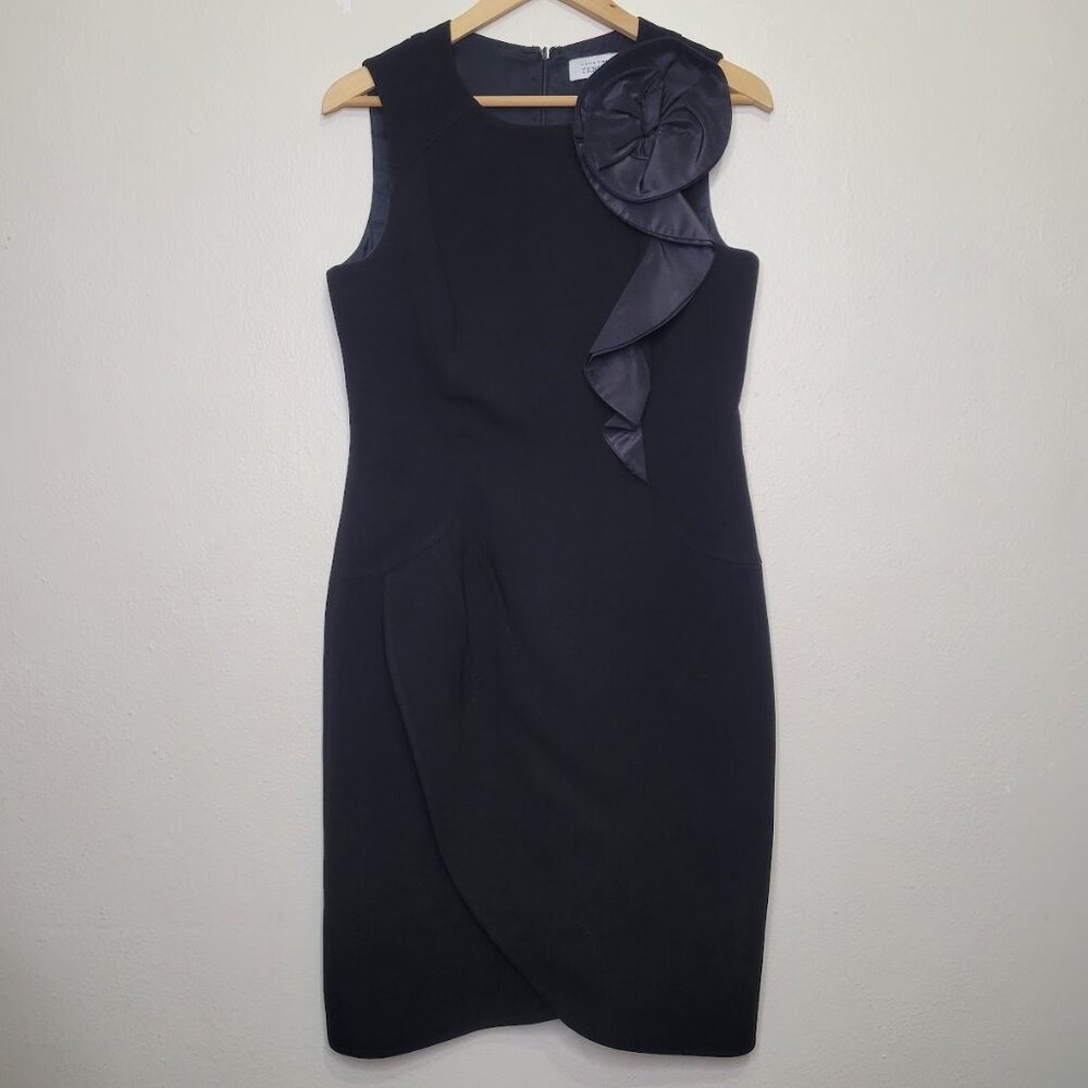 Rickie Freeman Teri Jon 3D Silk Flower Applique Black Sheath Dress